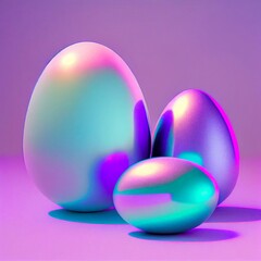 Purple neon lights Spring concept Easter eggs iridescent color, lustrous and pearly, giving off a brilliant sheen like an oil slick. Illustration, Generative AI.