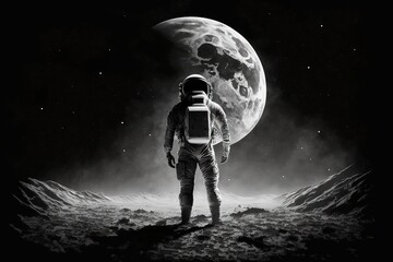 Wall Mural - Astronaut looks to Earth from Moon. Astronaut on the new planet. An astronaut stands on the surface of the moon among craters against the backdrop of the planet earth. generative ai