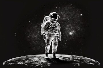 Wall Mural - Astronaut looks to Earth from Moon. Astronaut on the new planet. An astronaut stands on the surface of the moon among craters against the backdrop of the planet earth. generative ai
