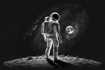 Wall Mural - Astronaut looks to Earth from Moon. Astronaut on the new planet. An astronaut stands on the surface of the moon among craters against the backdrop of the planet earth