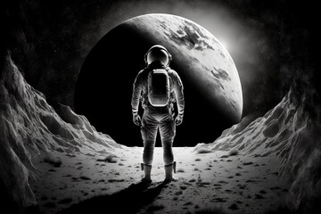 Wall Mural - Astronaut looks to Earth from Moon. Astronaut on the new planet. An astronaut stands on the surface of the moon among craters against the backdrop of the planet earth. generative ai