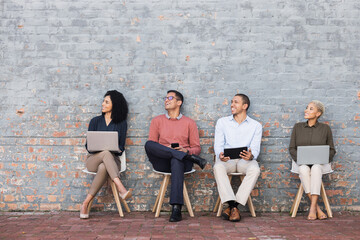 Aufkleber - Happy, success or startup people for digital agency job interview, business meeting or hiring team. Teamwork, recruitment or happy employee for cyber security, technology and social media SEO work