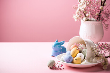 Wall Mural - Easter composition with spring flowers and colorful quail eggs in porcelain white coffee cup over pink background. Springtime and Easter holiday concept with copy space