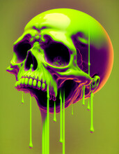 Melted Dripping Ooze, Skull Art, Green, Chartreuse, Yellow, Purple, Magenta, Vaporwave, Generative Ai