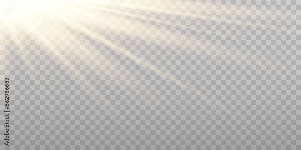 Vector golden sun light effect. Glowing sunrays on transparent ...