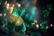 Beautiful Festive background with shining clover shamrocks and golden bokeh. St. Patrick's Day backdrop.  Generative AI technology.