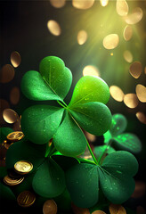 Aufkleber - Beautiful Festive background with shining clover shamrocks and golden bokeh. St. Patrick's Day backdrop. 