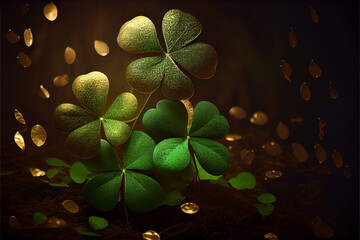 Aufkleber - Beautiful Festive background with shining clover shamrocks and golden bokeh. St. Patrick's Day backdrop. 