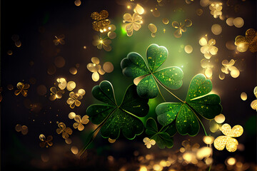 Aufkleber - Beautiful Festive background with shining clover shamrocks and golden bokeh. St. Patrick's Day backdrop. 