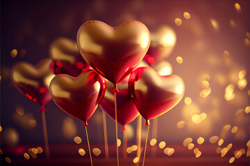 Poster - Beautiful many golden heart-shaped balloons in front of and red bokeh background. 