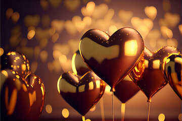 Poster - Beautiful many golden heart-shaped balloons in front of and red bokeh background. 