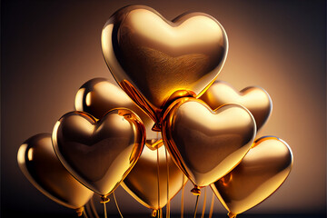 Poster - Beautiful many golden heart-shaped balloons in front of and red bokeh background. 