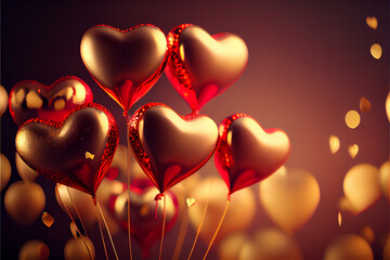 Poster - Beautiful many golden heart-shaped balloons in front of and red bokeh background. 