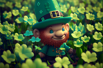 Aufkleber - Beautifu Cute Cartoon Leprechaun in a Field of Shamrocks.