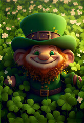 Aufkleber - Beautifu Cute Cartoon Leprechaun in a Field of Shamrocks.
