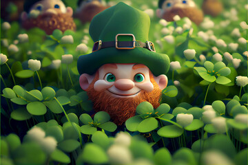 Aufkleber - Beautifu Cute Cartoon Leprechaun in a Field of Shamrocks.
