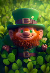 Aufkleber - Beautifu Cute Cartoon Leprechaun in a Field of Shamrocks.