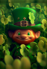 Aufkleber - Beautifu Cute Cartoon Leprechaun in a Field of Shamrocks.