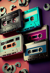 Poster - Beautiful magnetic cassette tapes on a multicolored background. Creative Concept Of Retro Style. 