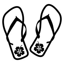 Destino De Vacaciones. Logo Flip Flops. Icono Calzado De Playa. Silueta De Flor De Hibisco Hawaiana En Chanchas