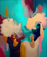 Two Women Together With Raised Fists In Protest Painting Clouds, Generative Ai