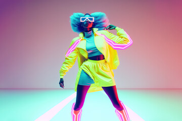 Wall Mural - Fashionable sporty young girl posing on neon pink and purple background. Sports fashion style. Illustration. Generative AI.