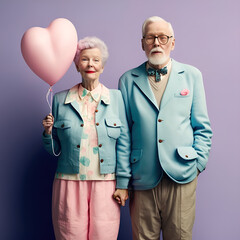 Poster - A married couple of pensioners who are happy in love and have a matching outfit of pastel colors. Love that lasts forever. Grandparents holding a heart shaped balloon. Illustration. Generative AI.