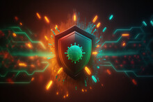 Futuristic Virus Protection Concept With Glowing Low Polygonal Shield And Virus Cells, GEnerative AI Illustration