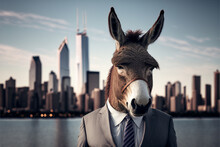 Portrait Of A Businessman Donkey In A Stylish Classic Suit Against The Backdrop Of A Big City, Animal Boss In Human Body, Entrepreneur Anthropomorphic Illustration, Art Created By Ai