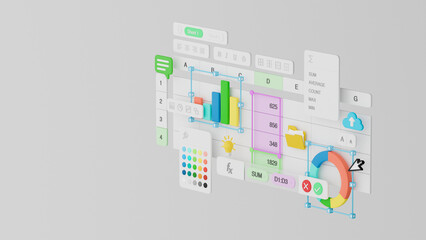 Wall Mural - Spreadsheets graphs charts table data business financial report analysis screen software accounting management marketing document growth diagram planning calculate budget statistics. 3d rendering.