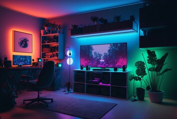 Wall Mural - Gamer workspace with RGB lights, neon colors. Video game streamer. Modern workspace with computer on the desk. Generative AI.