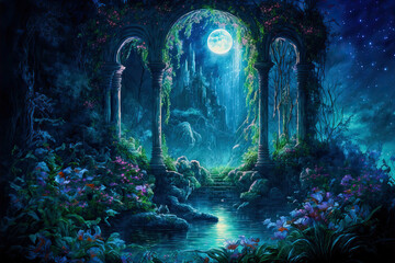 Enchanted Garden. A gazebo overgrown with flowers, a waterfall and a night sky with a full moon. Landscape of fairies and elves. Post-processed digital AI art