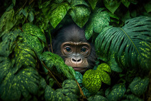 Portrait Of Wild African Chimpanzee Ape In Tropical Forest.  Monkey Peeking Out Of The Jungle. Digital Art