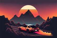 Generative AI, Retro Car In Retro Style, Nostalgic 80s, 90s. Night Landscape, Sunset Colors, Scifi, Retrowave Vintage Illustration. Sun, Mountains And Desert. Transport, Automobile Concept.	
