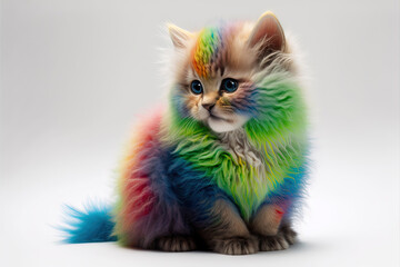 cute kitten with fluorocentric multicolored colorful fur isolated on a gray background. Holi holiday. Cat covered in paint.  [Digital art. Generative AI painting]