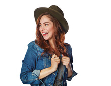 Happy Woman, Fashion Clothes Or Hat On Isolated White Background In Cool Trend Or Funky Brand Marketing On Mockup. Smile, Gen Z Or Model With Denim Jacket Or Clothing Ideas On Studio Mock Up Backdrop