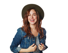 Woman, Portrait Or Fashion Clothes With Denim Jacket On Isolated White Background In Cool Brand Marketing On Mockup. Smile, Gen Z Or Model And Hat, Trendy Or Clothing Ideas On Studio Mock Up Backdrop