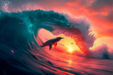 A Surfing Penguin In The Sunset Created With Generative AI Technology