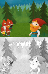 Wall Mural - cartoon scene with dwarfs in the forest illustration for children