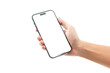 © Pornprasit Panada - Hand showing smartphone with blank screen isolated on white background.