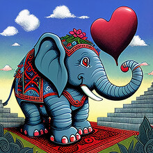 Illustration Of An Elephant With A Red Heart. Generative AI-assisted Digital Painting.