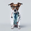 Dog in a doctor, medical worker outfit on a light background. Generative AI