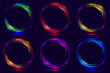 Set of glowing neon color circles round curve shapes isolated on black background technology concept