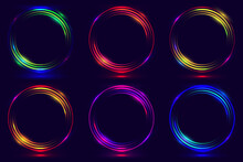 Set Of Glowing Neon Color Circles Round Curve Shapes Isolated On Black Background Technology Concept