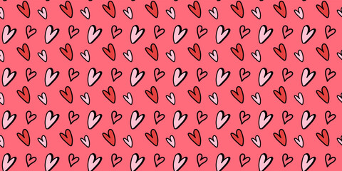 Wall Mural - Love heart seamless pattern illustration. Trendy hand-drawn doodle seamless pattern with hearts. Valentine's day holiday backdrop texture. Valentine's day background. Vector EPS 10