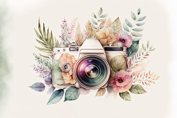 Vintage retro watercolor camera. Perfect for photography logo ai generative