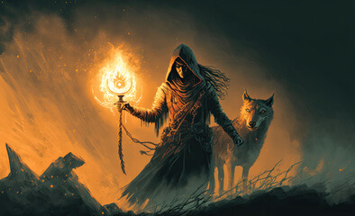 A Sorcerer Holding A Magical Torch Standing By His Power Animal. Generative AI Illustration