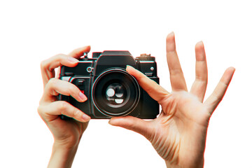 Vintage camera in female hand on white background. Minimalistic still life. Concept art Aberrations