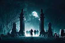 Rowd Of Hungry Zombies Walking On Cemetery Ruins At Night. Postproducted Generative AI Digital Illustration.