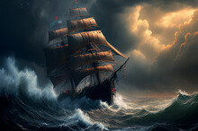 Antique Ship In Storm, Vintage Pirate Boat, Generative AI Illustration